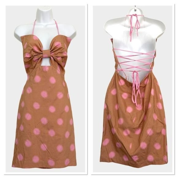 RAISSA Lace up Open Back Cut out Mini Dress in Pink Bronze Polka Dot XS-S NWT - Picture 1 of 17